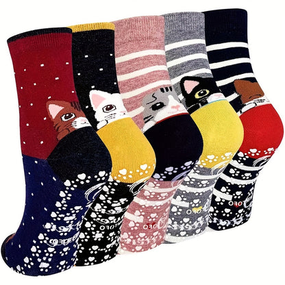 5 Pairs Womens AllSeason Cat Design NonSlip Yoga and Everyday Socks  Cozy Cotton Blend with Grip